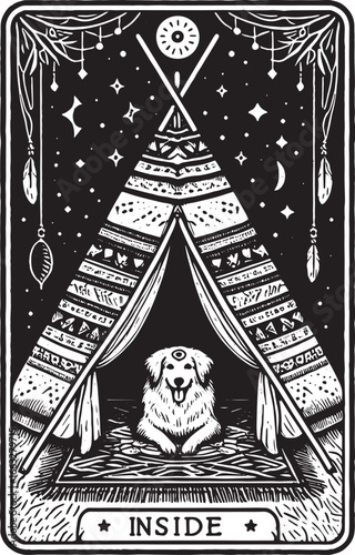 Whimsical Black and White Illustration of a Dog Inside a Teepee with Celestial Accents