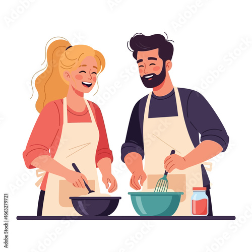 Love in the Kitchen: A cheerful couple, adorned in aprons, engages in the joyful process of cooking, blending culinary art with tender connection and mutual enjoyment. 