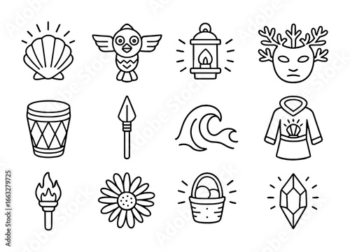 Bioluminescent Festival Icons. Outline icon set of festival of bioluminescent seas: glowing shell, fish totem,