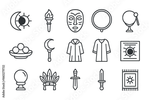 Eclipse Unity Ritual Icons. Outline icon set of eclipse unity rituals: sun-moon emblem, ceremonial torch, mask