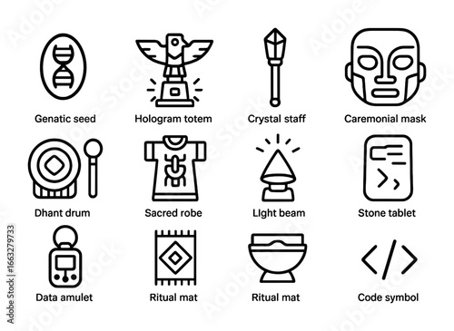 Bioengineered Totem Icons. Outline icon set of bioengineered totem worship: genetic seed, hologram totem,