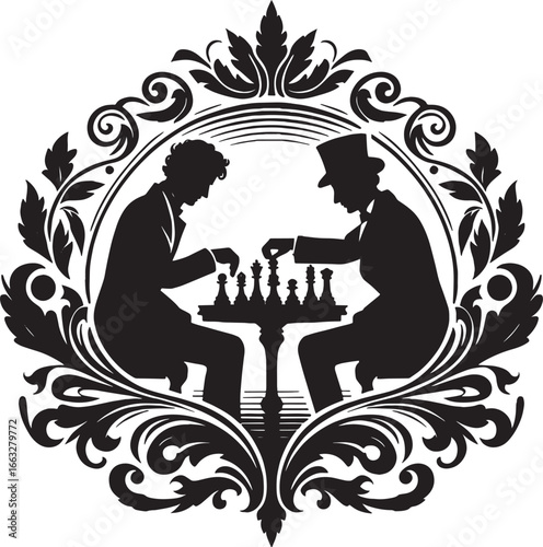 Elegant Silhouette of Two Gentlemen Playing Chess within an Ornate Decorative Frame