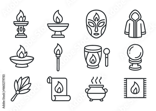 Fusion Ceremony Icons. Outline icon set of fusion flame ceremonies: reactor totem, flame bowl, ceremonial mask