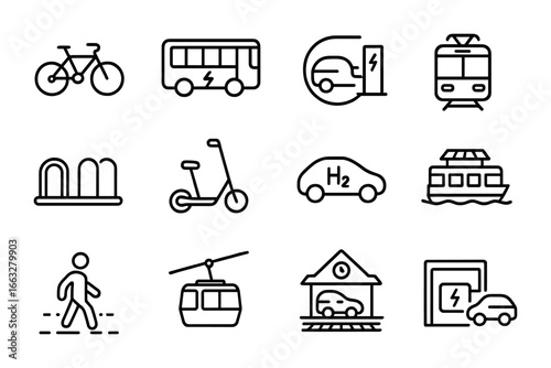 Sustainable Transport Icons. Outline icon set of sustainable transportation: electric bike, electric bus, car