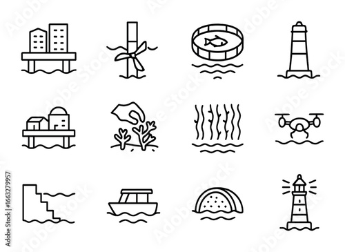 Sustainable Ocean City Icons. Outline icon set of sustainable ocean cities: floating platform, tidal energy