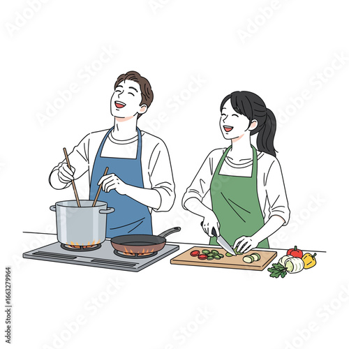 Couple in the Kitchen: An intimate illustration captures a moment of joy as a couple engages in cooking in a domestic kitchen setting. The illustration evokes feelings of togetherness.
