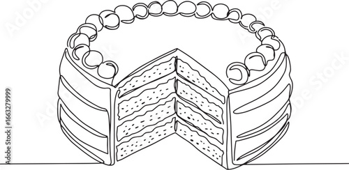 Minimalist Line Art Depicting a Luscious Layered Cake with a Sli