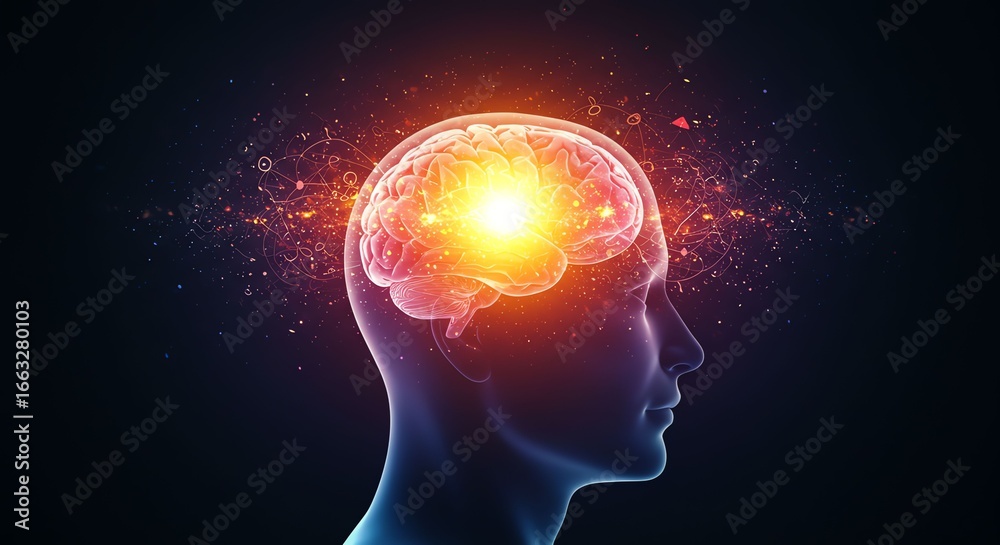 Fototapeta premium Digital Illustration of Human Brain with Bright Light and Abstract Elements in Head