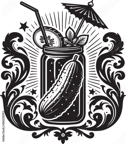 Artistic Black and White Illustration of a Pickle Drink with Ornamented Decorative Frame