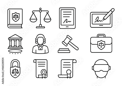 Virtual Law Icon Set. Outline icon set of virtual lawyers: law book, balance scale, digital contract,