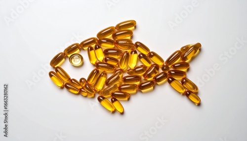 Omega 3 or fish oil capsules in the shape of a fish.
