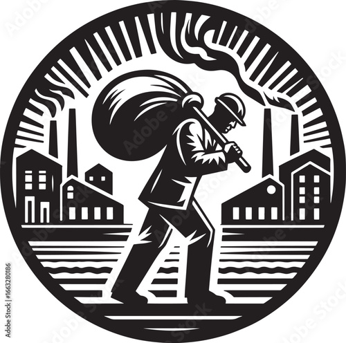 Illustration of a worker carrying a heavy load with factories and smokestacks in the background
