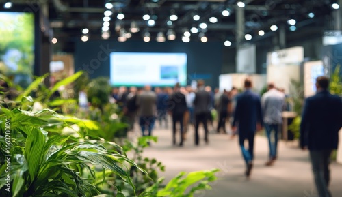 A bustling trade show floor with attendees and exhibits