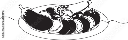 Elegant continuous line drawing of ratatouille vegetables on a p