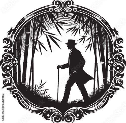 Elegant Silhouette of a Man with a Cane Walking Through a Bamboo Forest within a Decorative Frame