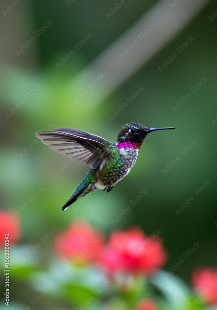 Fototapeta premium Vivid Hummingbird Hovering Near Pink Flowers in Natural Garden Scene