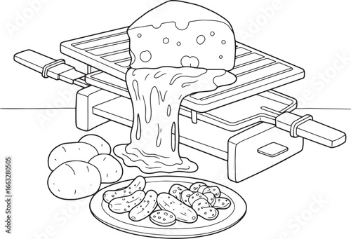 Minimalist line art illustration of a raclette grill with meltin
