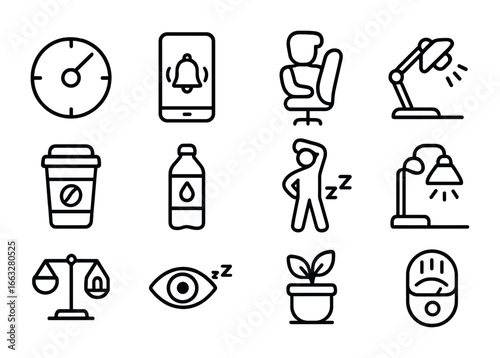Sleep-Friendly Icons. Outline icon set of sleep-friendly work habits: focus timer, break reminder app,