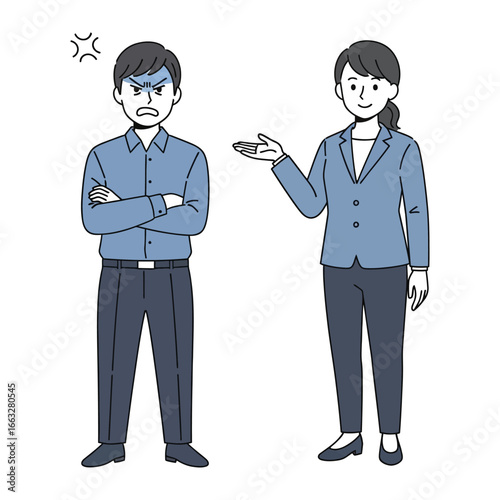 Conflict Resolution in Action: A professional presents a solution to an angry individual.  A scenario captured to highlight understanding, communication, and the path toward conflict resolution.