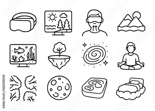 VR Relaxation Icon Set. Outline icon set of VR sleep relaxation: VR headset, nature simulation scene, guided