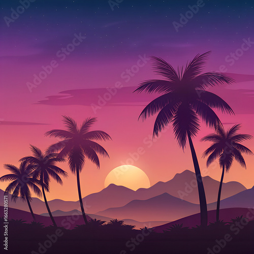 Tropical summer vacation travel landscape with a silhouette of a palm tree on a beach at sunset