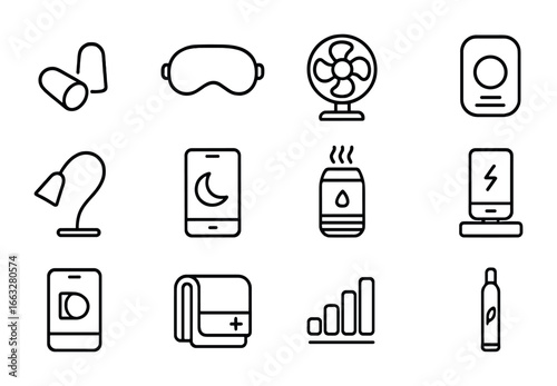 Dorm Sleep Gadgets Icons. Outline icon set of college dorm sleep gadgets: earplugs, foldable sleep mask,