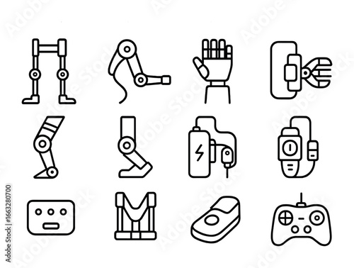 Exoskeleton Device Icons. Outline icon set of exoskeleton mobility devices: powered leg frame, arm assist