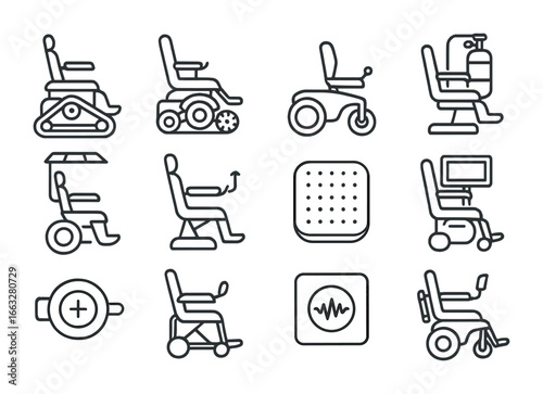 Bionic Wheelchair Icon Set. Outline icon set of bionic wheelchairs: all-terrain track chair, stair-climbing