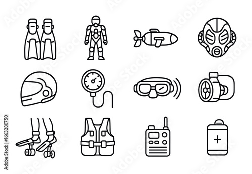 Aquatic Bionic Transport Icons. Outline icon set of aquatic bionic transport: robotic swim fins, propulsion