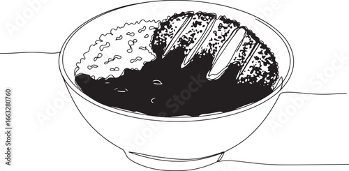 Modern continuous line drawing of katsu curry served in a bowl o