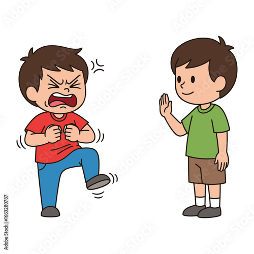 Conflict Resolution: A child in a fit of anger, alongside another displaying composure, offers a vivid illustration of the process of emotional regulation in childhood
