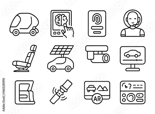 Futuristic Ride-Sharing Icons. Outline icon set of cybernetic ride-sharing systems: bionic taxi pod, neural