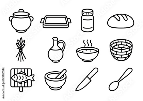 Cultural Culinary Icons. Outline icon set of cultural gastronomy: traditional clay pot, wooden serving tray,
