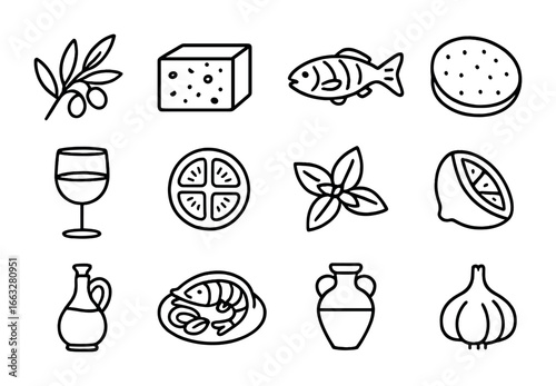 Mediterranean Cuisine Icons. Outline icon set of Mediterranean cuisine: olive branch, feta cheese block,