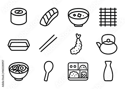 Japanese Cuisine Icons. Outline icon set of Japanese cuisine: sushi roll, sashimi slice, miso soup bowl,