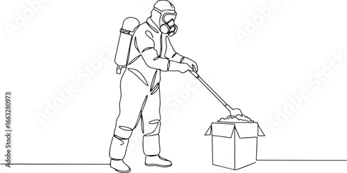 Line art depicting a worker in protective suit removing hazardou