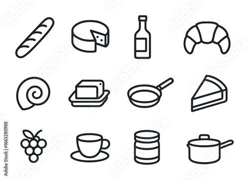 French Cuisine Icons. Outline icon set of French gastronomy: baguette, cheese wheel, wine bottle, croissant,