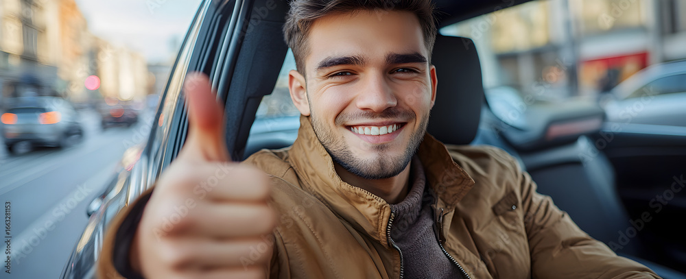 Obraz premium Positive man giving thumbs-up sign from car window in city, representing cheerful urban travel, happiness, approval, and lifestyle success in modern metropolitan transportation scene