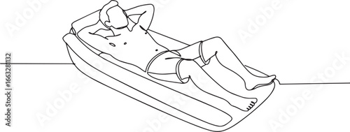Line art depiction of a man relaxing on an inflatable raft durin