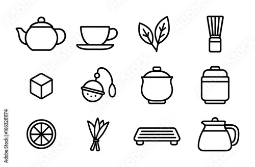 Tea Culture Icons. Outline icon set of tea culture: teapot, tea cup, tea leaves, bamboo whisk, sugar cube, tea
