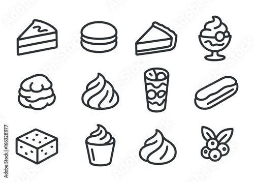 Gourmet Dessert Icons. Outline icon set of gourmet desserts: chocolate cake, macaron, tart slice, ice cream