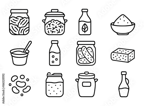 Fermented Foods Icons. Outline icon set of fermented foods: kimchi jar, sauerkraut crock, kombucha bottle,