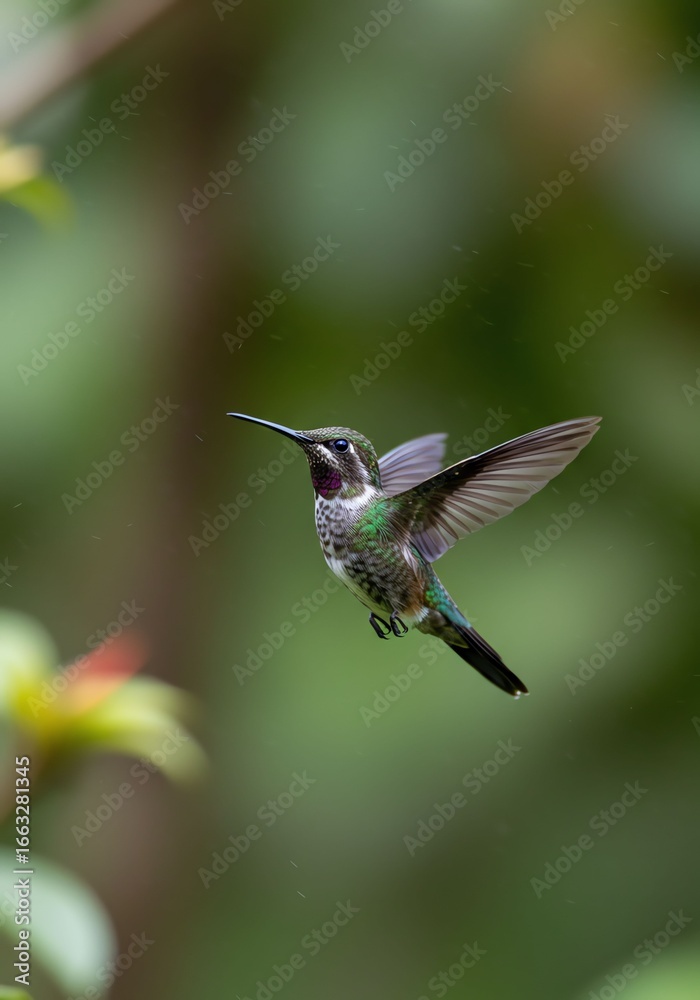 Naklejka premium Colorful Hummingbird Flying in Natural Green Garden Scene