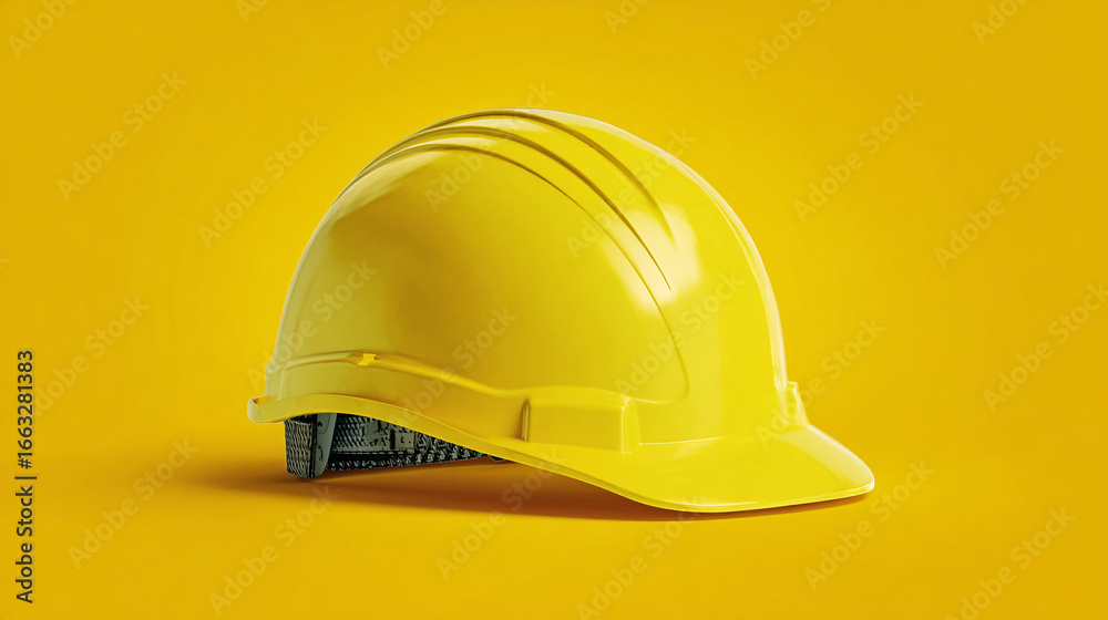 Fototapeta premium A yellow construction helmet on a yellow background with visible chin strap detail