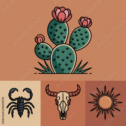 Desert Symbols with Cactus, Sun, Scorpion, and Animal Skull Illustration