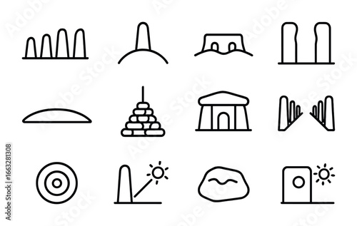 Ancient Stone Icon Set. Outline icon set of stone alignment sites: standing stone row, hilltop marker, horizon