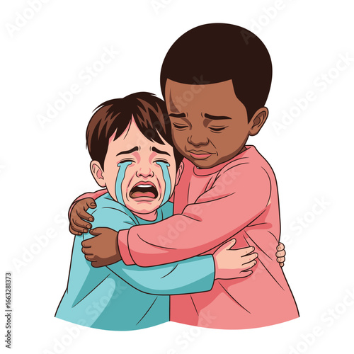 Comforting Embrace: A heartwarming illustration depicting a compassionate embrace between two children, one consoling the other with empathy and love.