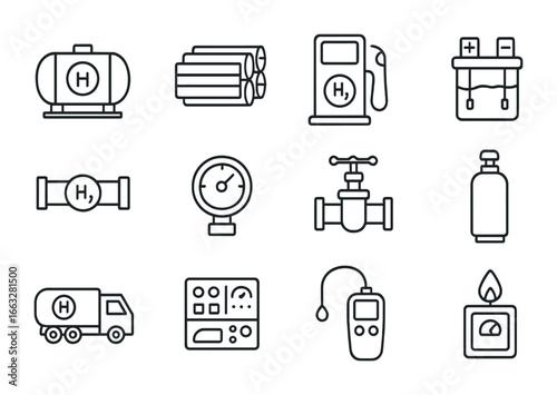 Hydrogen Energy Icons. Outline icon set of hydrogen energy systems: hydrogen tank, fuel cell stack, hydrogen