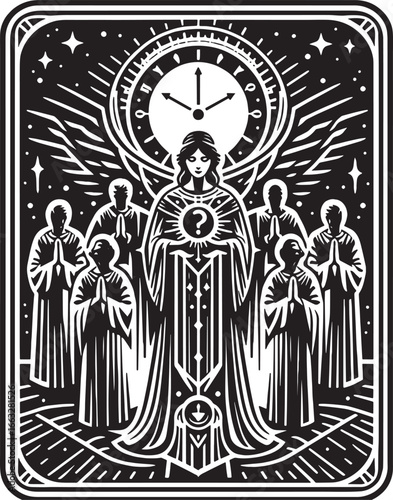 Mystical Angelic Figure with Group of Devotees and Celestial Clock Symbolism in Art