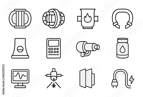Nuclear Fusion Icon Set. Outline icon set of nuclear fusion power: tokamak reactor, stellarator, plasma